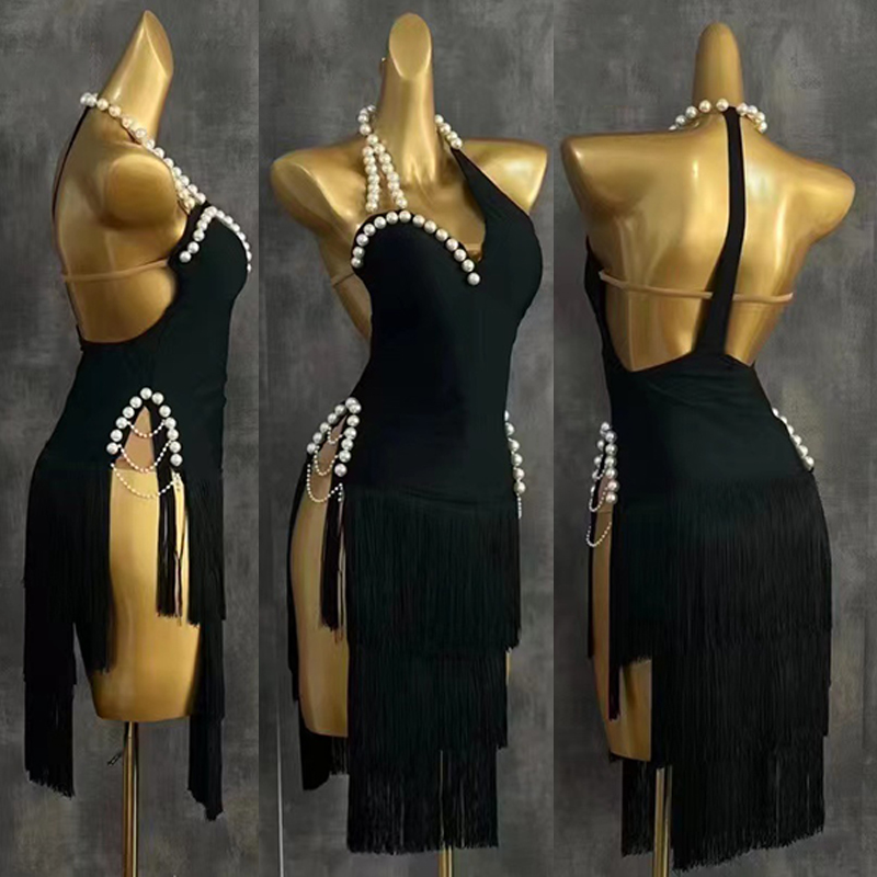 Beaded Trim Fringe - 2025 High Endชุดเต้นรําละตินผู้หญิงPearl FringeชุดCha Cha Rumba