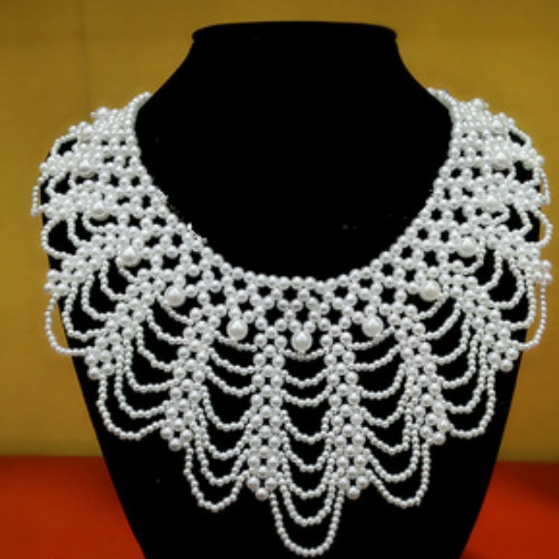 Beaded Trim Fringe - สร้อยคอประดับลูกปัดมุกแบบใหม่ ดีไซน์หรูหรา ตกแต่งด้วยลูกไม้ฉลุลาย สำหรับผู้หญิง ใช้ได้กับชุดแต่งงาน งานปาร์ตี้