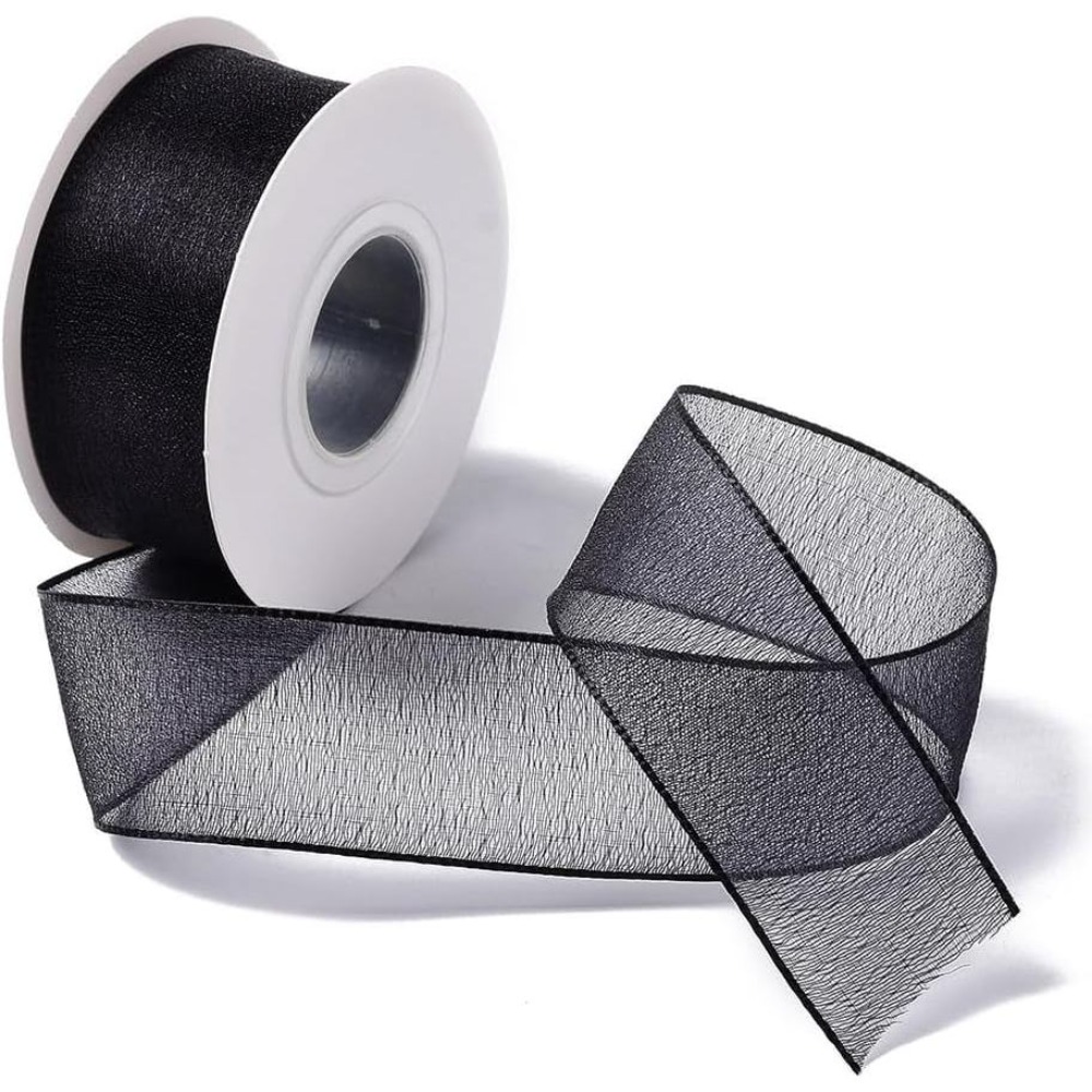 Organza Ribbon Spool - ริบบิ้นผ้าออร์แกนซ่าสีดำขนาด 1 นิ้ว ริบบิ้นผ้าชีฟองโปร่งแสงแบบมีลวด ผ้าไหมโปร่งใส ริบบิ้นผ้าใสแบบม้วนพร้อมแกน