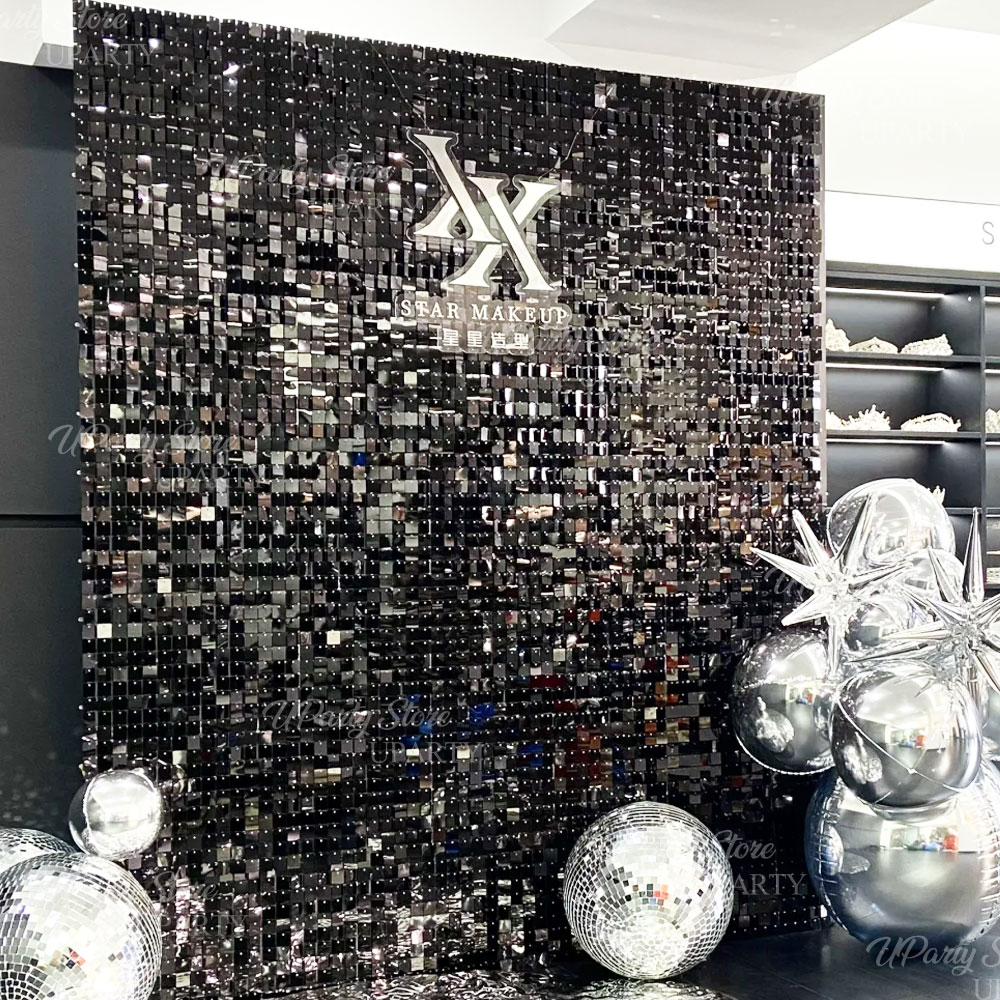 Sequin Fabric Panel - ฉากหลังผนังสีดำวิบวับ 12/16/24 ชิ้น แผ่นผนังเลื่อมสีดำเงาสำหรับงานดิสโก้ ปาร์ตี้วันเกิด งานแต่งงาน